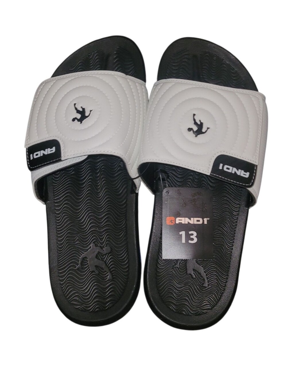 AND1 Men's Athletic Adjustable Swirl Slide Sandals in White Size 13 Blue Black